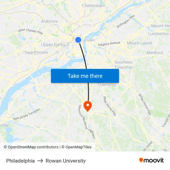 Philadelphia to Rowan University map