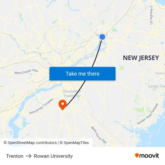 Trenton to Rowan University map