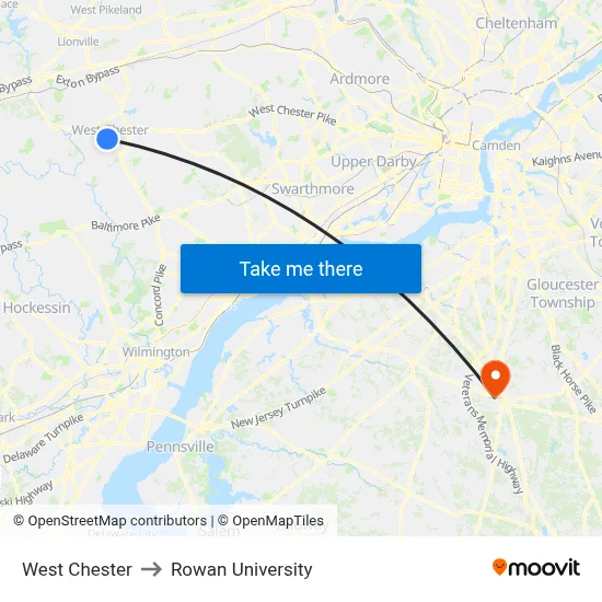 West Chester to Rowan University map