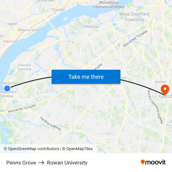 Penns Grove to Rowan University map