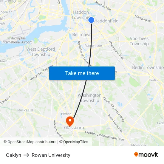 Oaklyn to Rowan University map