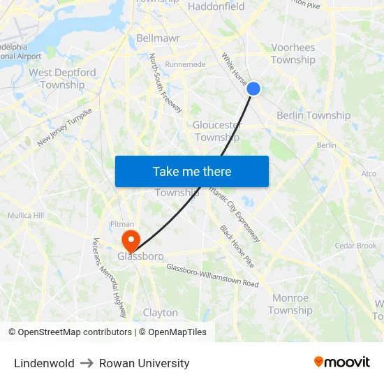 Lindenwold to Rowan University map