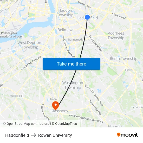 Haddonfield to Rowan University map