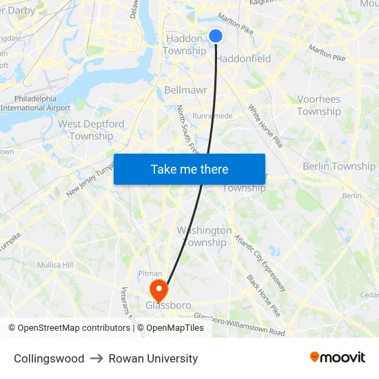 Collingswood to Rowan University map