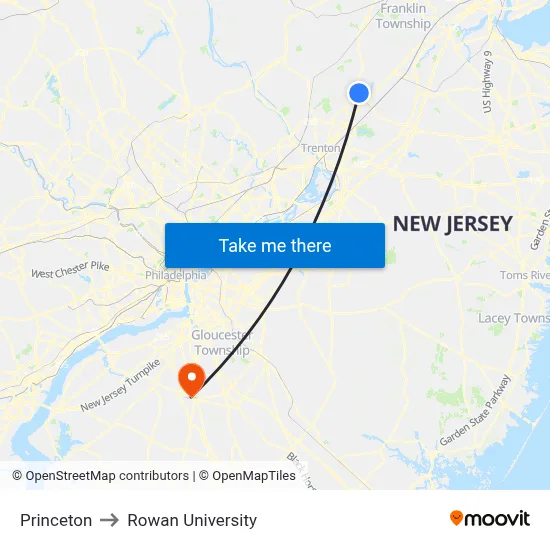 Princeton to Rowan University map