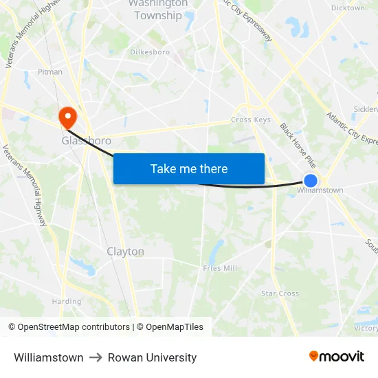 Williamstown to Rowan University map