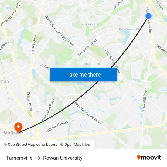 Turnersville to Rowan University map
