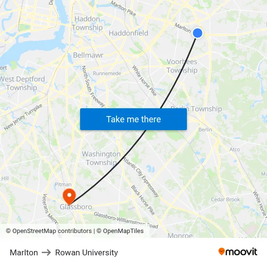 Marlton to Rowan University map