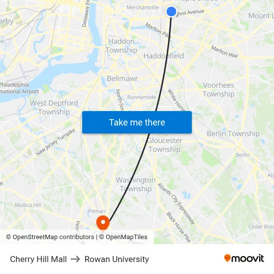 Cherry Hill Mall to Rowan University map
