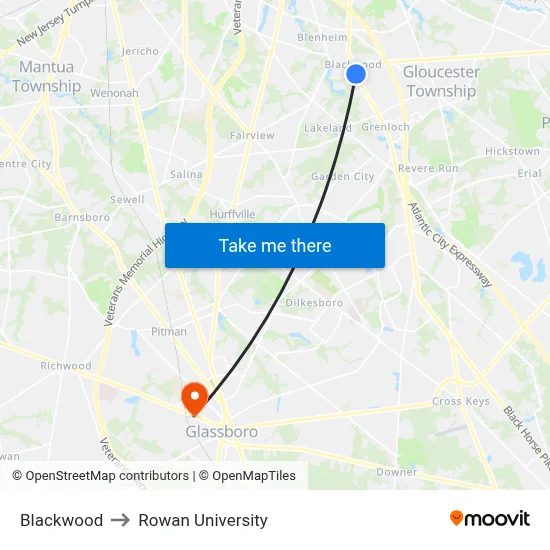 Blackwood to Rowan University map