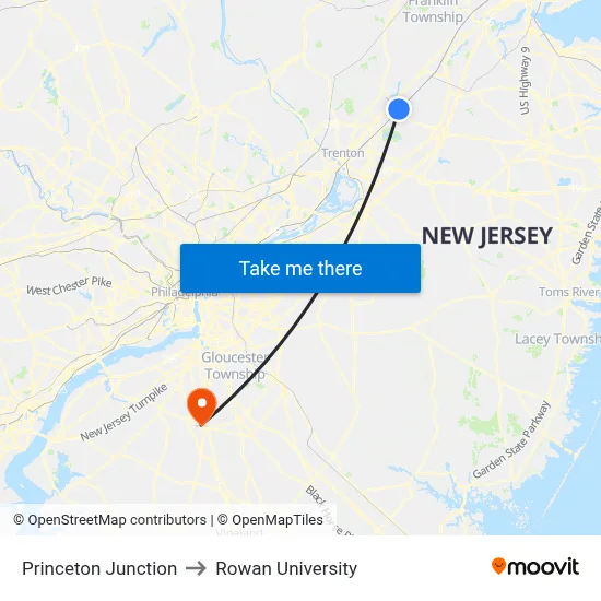 Princeton Junction to Rowan University map