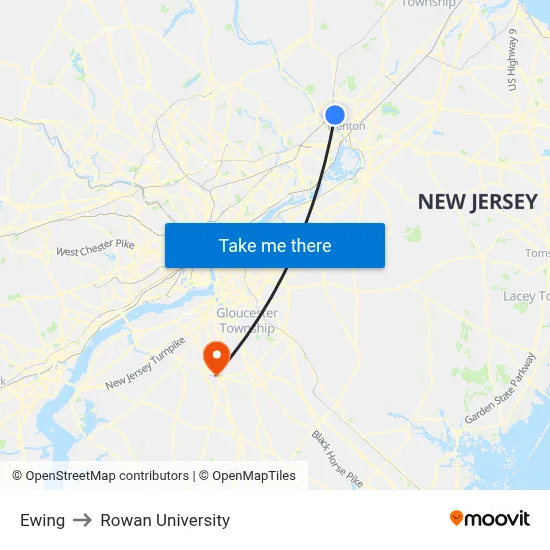 Ewing to Rowan University map