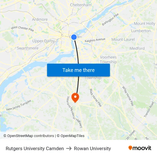 Rutgers University Camden to Rowan University map