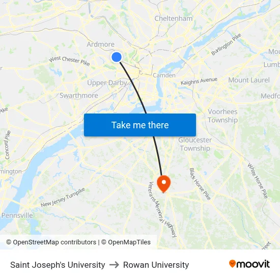 Saint Joseph's University to Rowan University map