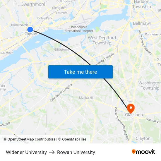 Widener University to Rowan University map