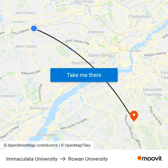 Immaculata University to Rowan University map