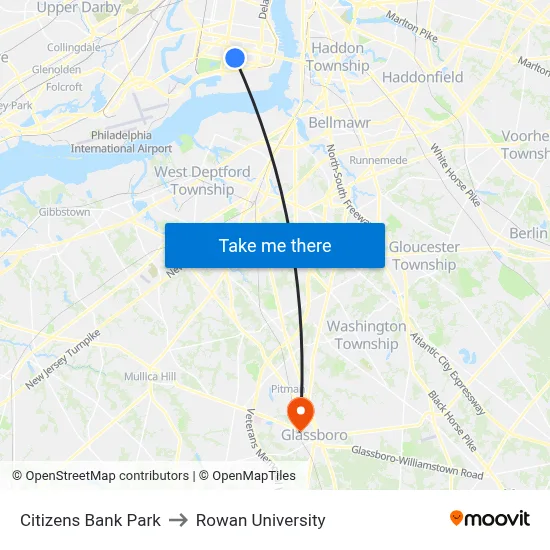 Citizens Bank Park to Rowan University map