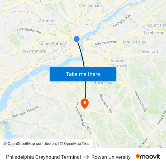 Philadelphia Greyhound Terminal to Rowan University map