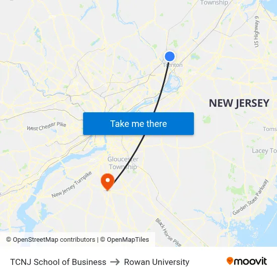 TCNJ School of Business to Rowan University map