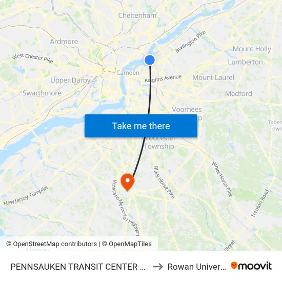 PENNSAUKEN TRANSIT CENTER station to Rowan University map