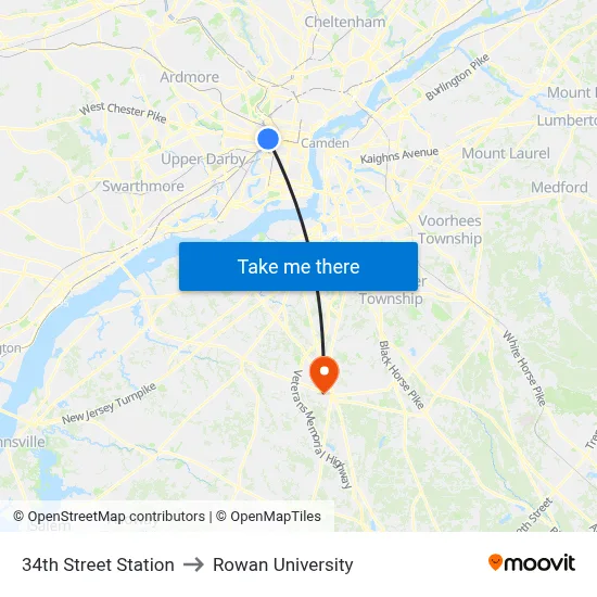 34th Street Station to Rowan University map