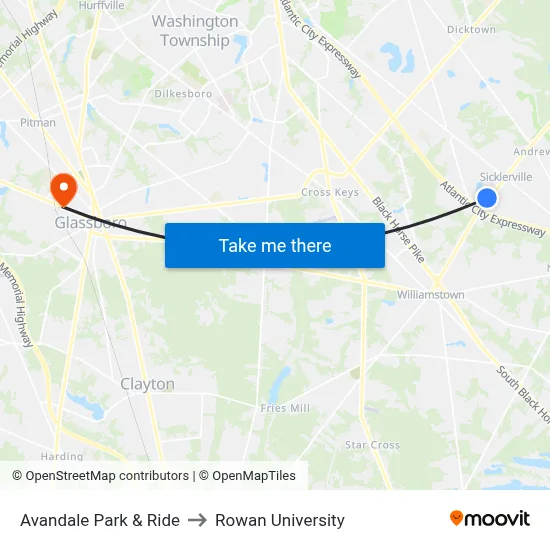 Avandale Park & Ride to Rowan University map