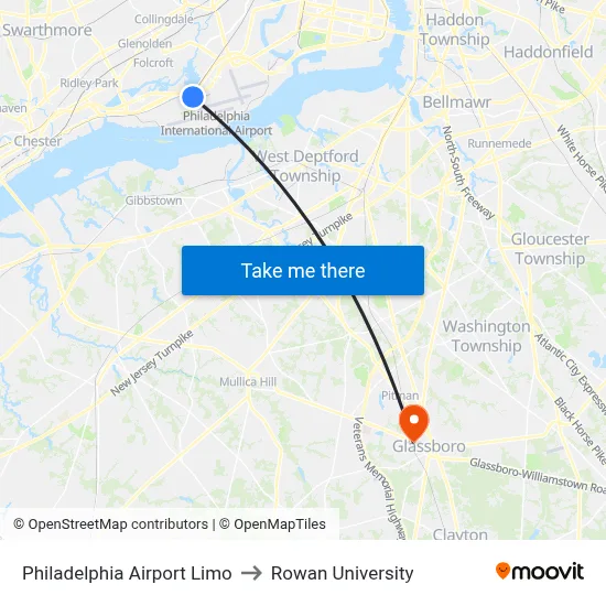 Philadelphia Airport Limo to Rowan University map