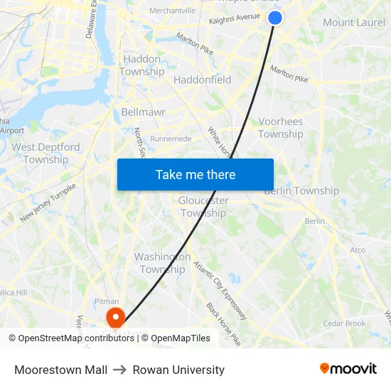 Moorestown Mall to Rowan University map
