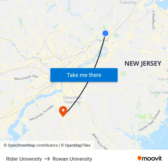 Rider University to Rowan University map