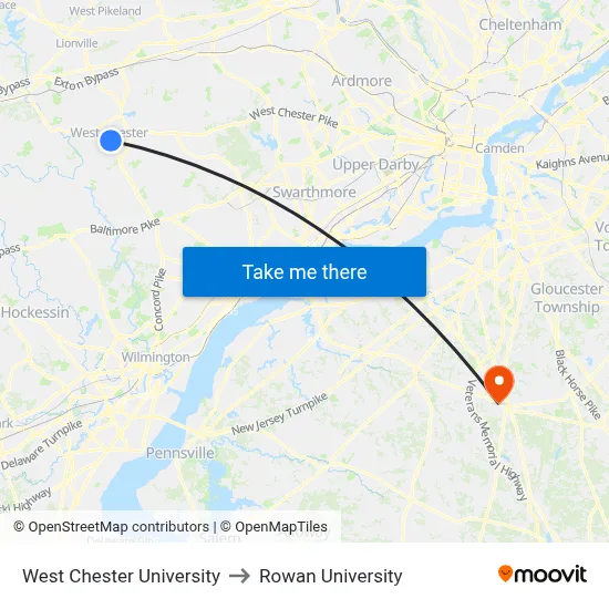 West Chester University to Rowan University map