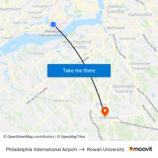 Philadelphia International Airport to Rowan University map