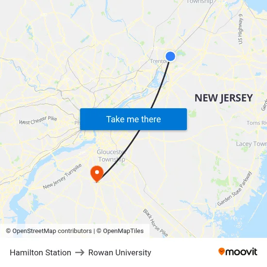 Hamilton Station to Rowan University map