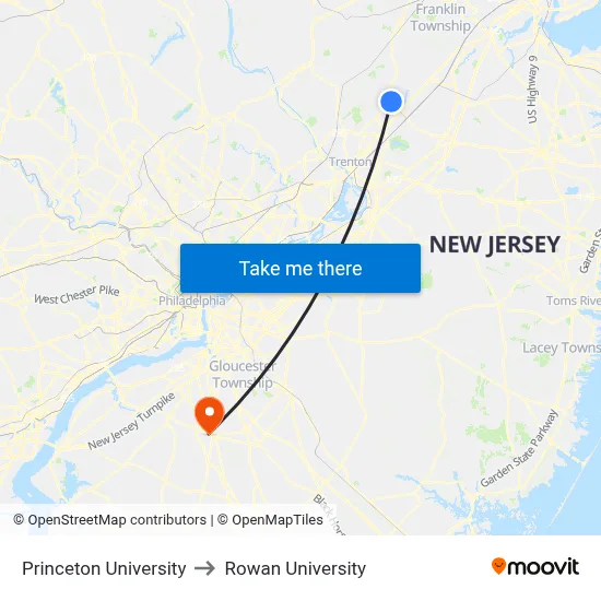 Princeton University to Rowan University map