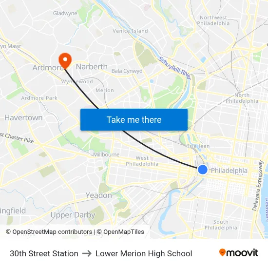 30th Street Station to Lower Merion High School map
