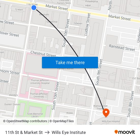 11th St & Market St to Wills Eye Institute map