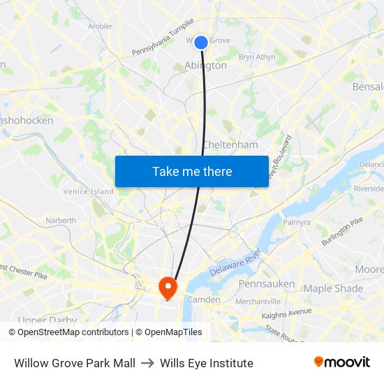 Willow Grove Park Mall to Wills Eye Institute map