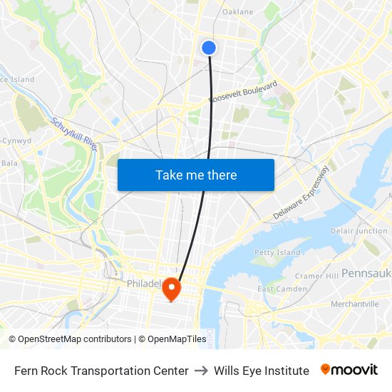 Fern Rock Transit Center to Wills Eye Institute map