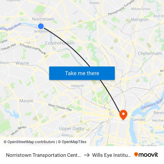 Norristown Transportation Center to Wills Eye Institute map