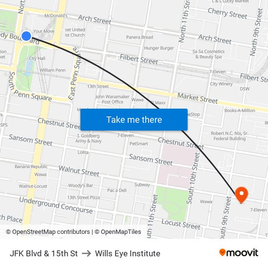 JFK Blvd & 15th St to Wills Eye Institute map