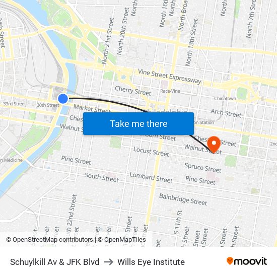 Schuylkill Av & JFK Blvd to Wills Eye Institute map