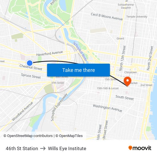 46th St Station to Wills Eye Institute map