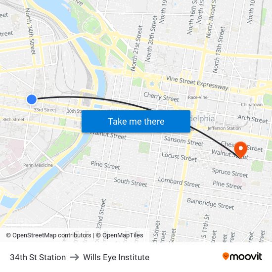 34th St Station to Wills Eye Institute map