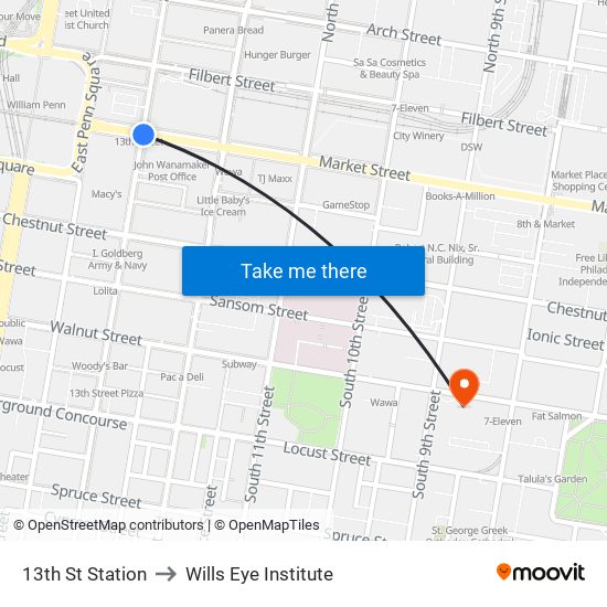 13th St Station to Wills Eye Institute map