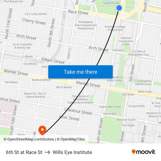 6th St at Race St to Wills Eye Institute map