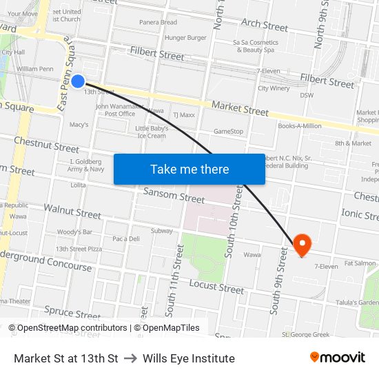 Market St at 13th St to Wills Eye Institute map