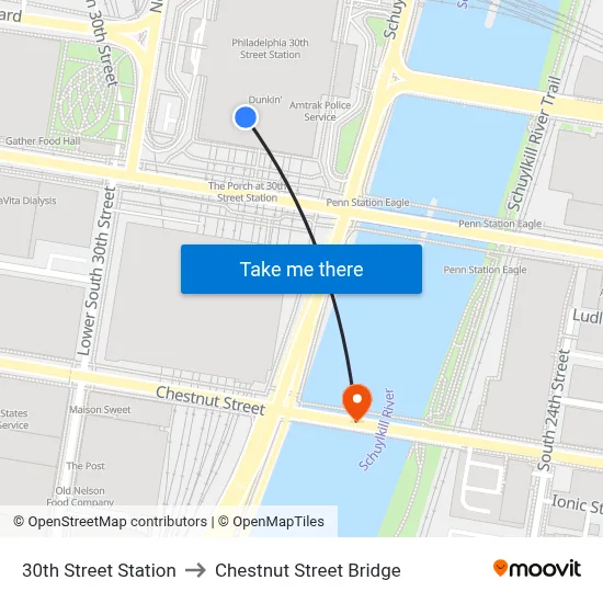 30th Street Station to Chestnut Street Bridge map