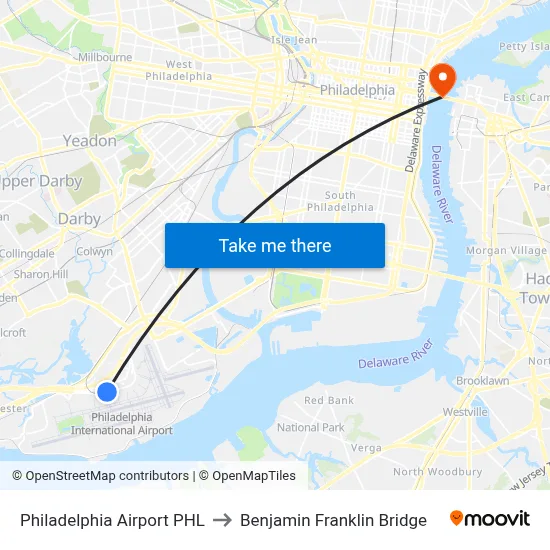 Philadelphia Airport PHL to Benjamin Franklin Bridge map