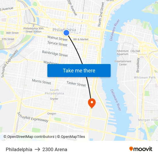 Philadelphia to 2300 Arena map