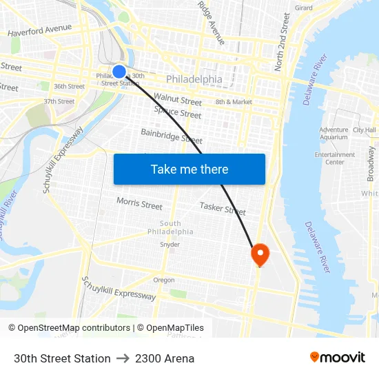 30th Street Station to 2300 Arena map