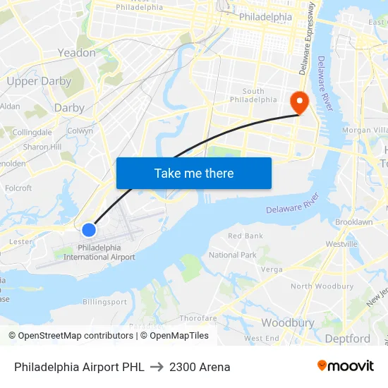 Philadelphia Airport PHL to 2300 Arena map